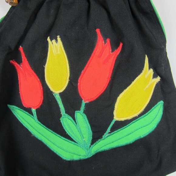 Vintage Tulip Appliqué Bamboo Handle Blue & Green Fabric Handbag Spring 80's - Picture 5 of 9